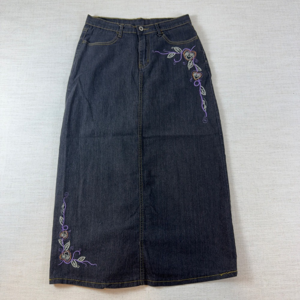 Be-Girl Basic Denim Maxi Skirt Womens M 7/8 Dark Wash Embroidered Heart Floral - Picture 2 of 13